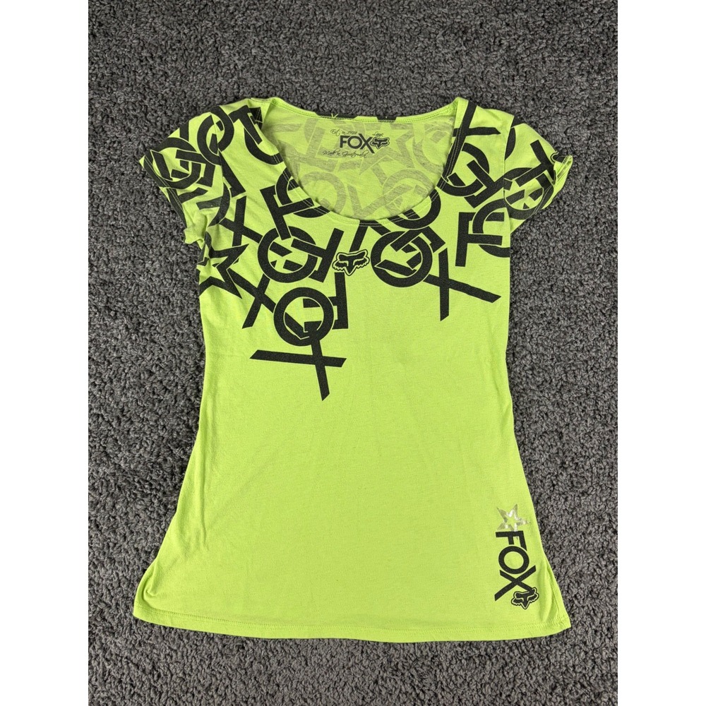 Fox Racing Womens Lime Green Black Graphic Logo Scoop Neck Tee Shirt Large Y2K